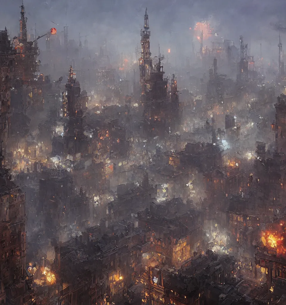 Image similar to russian revolution dieselpunk 1 9 1 0 cityscape, painting by greg rutkowski, craig mullins, levitan, rozalski