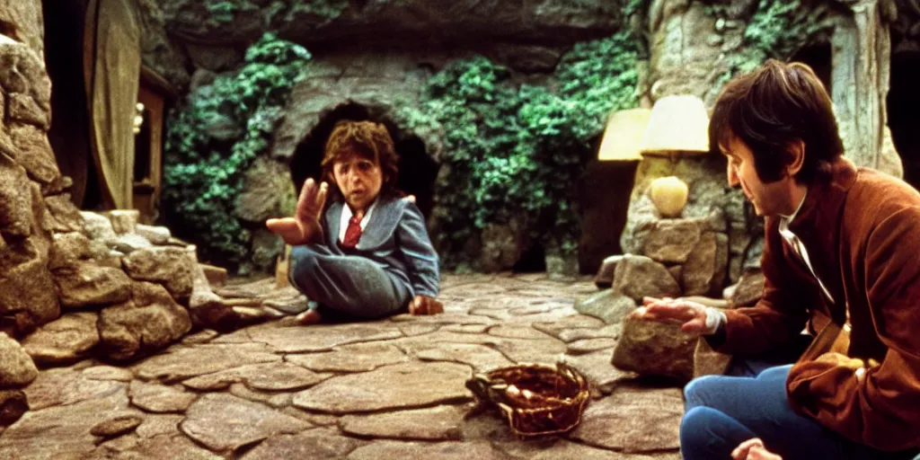 Prompt: A full color still of Paul McCartney looking down at his palm, dressed as a hobbit inside his house, directed by Stanley Kubrick, 35mm, 1970