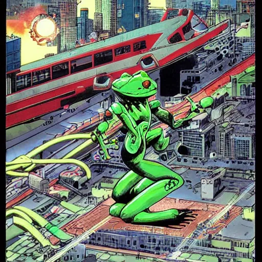 Prompt: huge frog robot devastating the city, by yoichi hatakenaka, masamune shirow