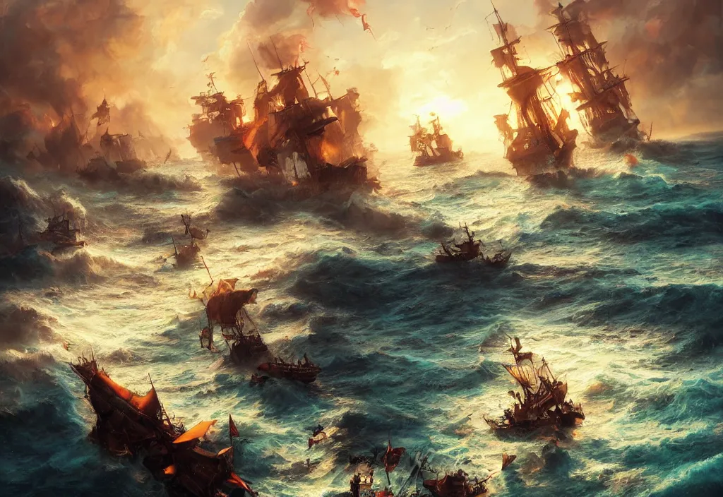 Prompt: an epic battle at the sea between 2 pirate ships, dynamic composition, cinematic lighting, warm and vibrant colors, little detailed oil on canvas painting by Ross Tran, winning-award digital art trending on Artstation