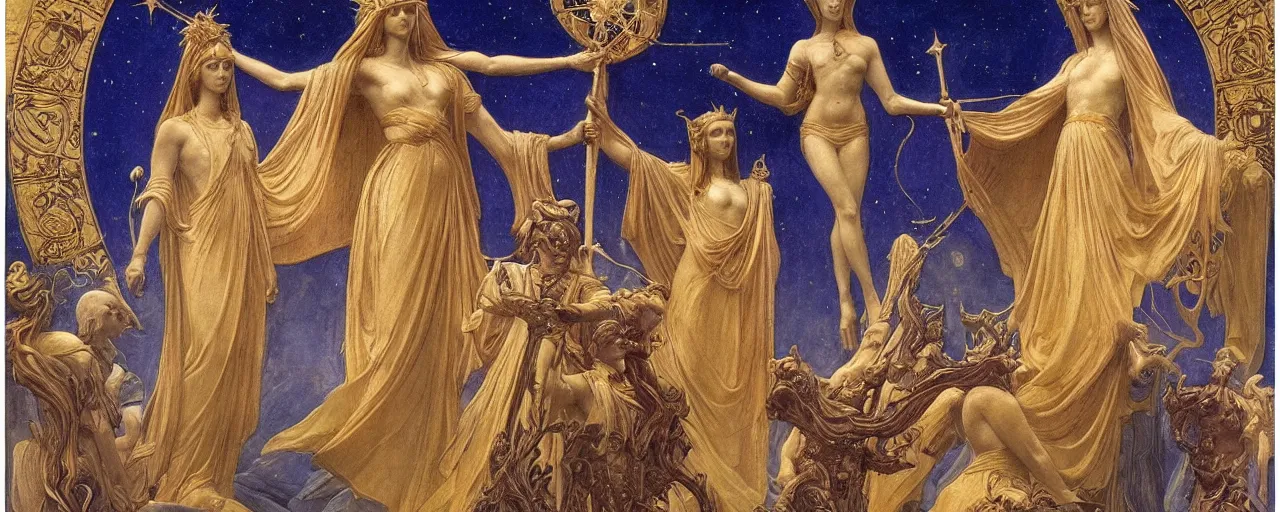 Image similar to saint woman, venus, athena, queen, by annie swynnerton and nicholas roerich and jean delville, strong dramatic cinematic lighting, ornate headdress, flowing robes, spines, flowers, stars, lost civilizations, smooth, sharp focus, extremely detailed, marble, obsidian, gold, space