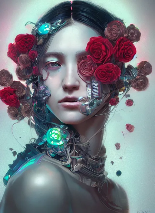 Image similar to portrait of a female face with roses, cyberpunk cyborg. roses, muted colors, sci - fi, intricate abstract upper body intricate artwork, by tooth wu, wlop, beeple, dan mumford. concept art, octane render, deviantart, greg rutkowski, cinematic arthouse, key art, hyper realism, iridescent accents