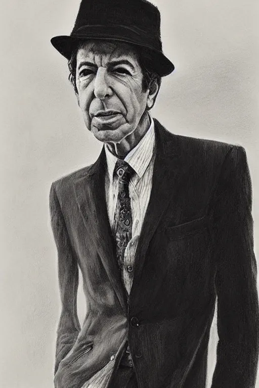 Image similar to “portrait of Leonard Cohen, impeccably dressed, wearing trilby hat, by mort kunstler”