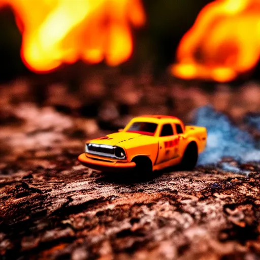 Image similar to macro photography of a toy hot wheels car driving through a forest fire, 3 5 mm