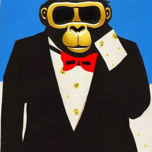 Prompt: a ukiyo style painting of a gorilla wearing a gold chain and wearing shades and wearing a nice black tuxedo wearing a red bow tie, highly detailed, 8 k, concept art,