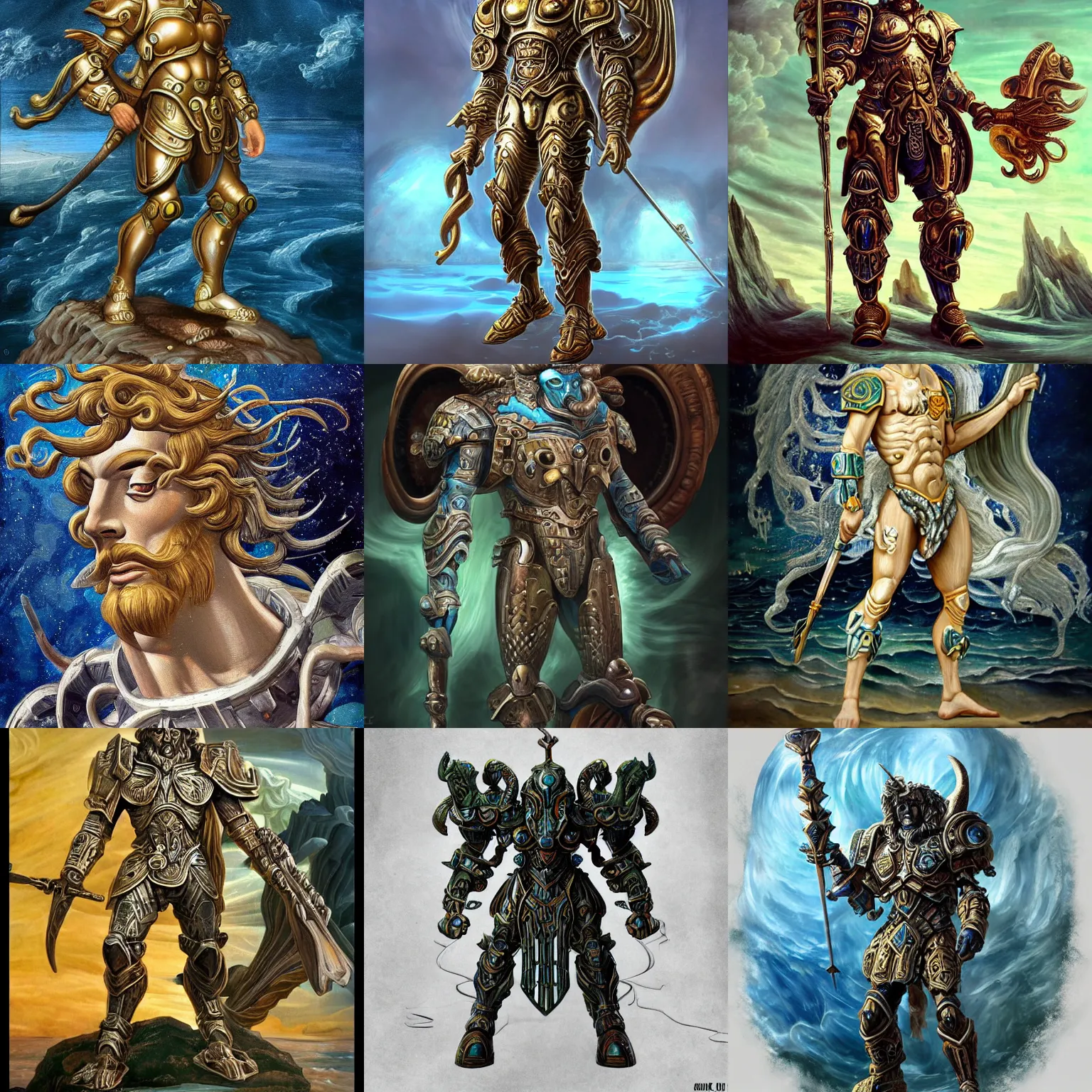 Prompt: poseidon in ancient alien planet sci-fi armor, in the style of sandro botticelli, stylized, highly detailed, trending on artstation, award winning, painted warhammer miniature