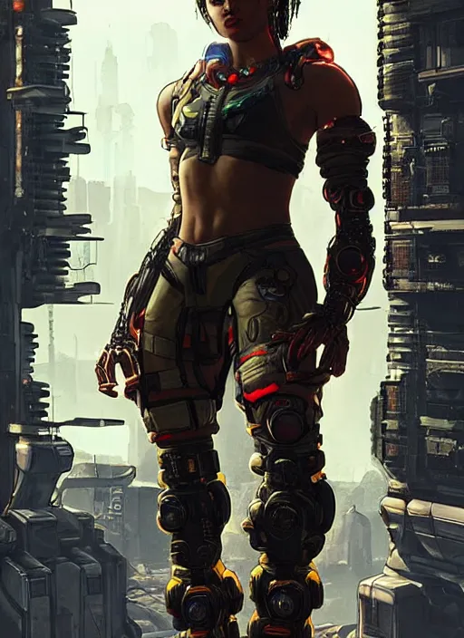 Prompt: sonya. apex legends cyberpunk weight lifter. concept art by james gurney and mœbius. cinematic, dramatic lighting ( cyberpunk 2 0 7 7 ), clean aesthetic