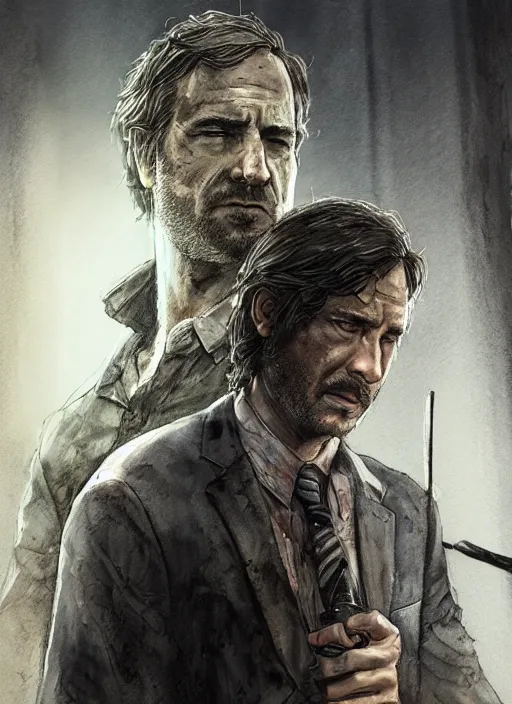 Image similar to portrait, Saul Goodman in the Last of Us universe, watercolor, dramatic lighting, cinematic, establishing shot, extremely high detail, foto realistic, cinematic lighting, pen and ink, intricate line drawings, by Yoshitaka Amano, Ruan Jia, Kentaro Miura, Artgerm, post processed, concept art, artstation, matte painting, style by eddie mendoza, raphael lacoste, alex ross