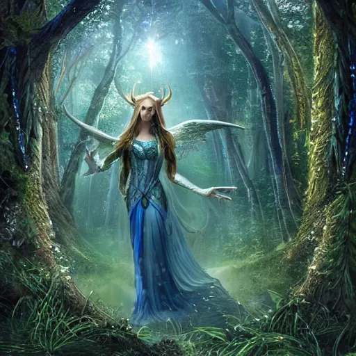 Image similar to beautiful elven celestial stag. beautiful highly detailed forest background. green and blue light. accurate, sci - fi concept art, intricate, elegant, long shot 8 k rendering.