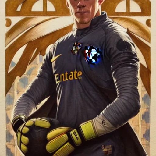 Image similar to Ter Stegen holding a bomb in his gloves, Barcelona and Germany goalkeeper, D&D, fantasy, intricate, elegant, highly detailed, digital painting, artstation, concept art, matte, sharp focus, illustration, art by Artgerm and Greg Rutkowski and Alphonse Mucha