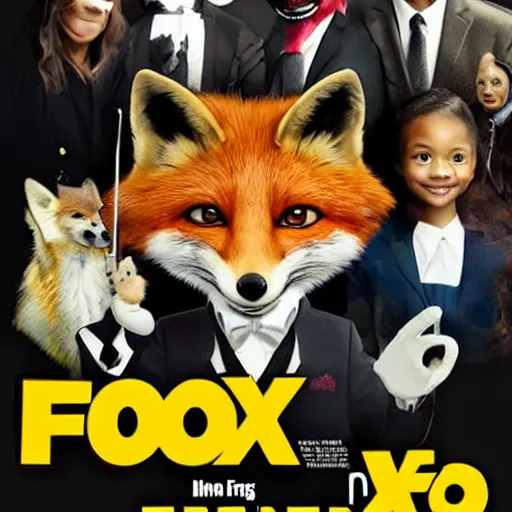 Image similar to movie poster featuring an anthropomorphic fox wearing a black suit, fried chicken in the background, promotional media