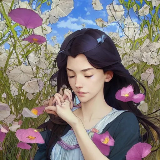 Image similar to looking up as flower petals flow gently as a breeze blows them from left to right on a cloudy day with blue skies, art by artgerm and greg rutkowski and magali villeneuve and alphonse mucha and rossdraws and makoto shinkai, d & d, fantasy, highly detailed, digital painting, trending on artstation, concept art, sharp focus, illustration