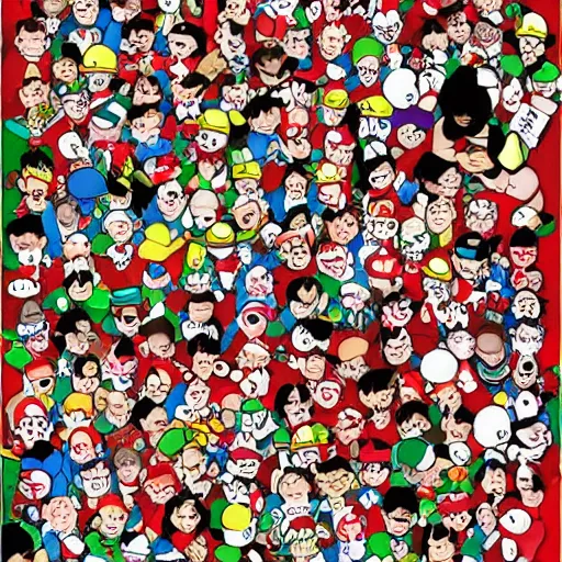 Prompt: children's puzzle books League of Legends, in the style of where's waldo, depicting dozens or more people doing a variety of amusing things, teemo in red-and-white-striped shirt, by Martin Handford