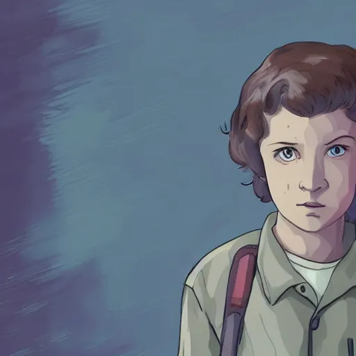 Prompt: Eleven from Stranger things by Makoto Shinkai , character,anime, landscape!!