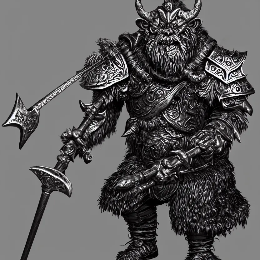 Prompt: photo realistic bugbear, class hunter, d & d, dungeons and dragons, ornate steel armour, playing flaming axe bass guitar, beard, male, strong outline, character design on white background, gnarly details, by kim jung giu, trending on artstation, denoised