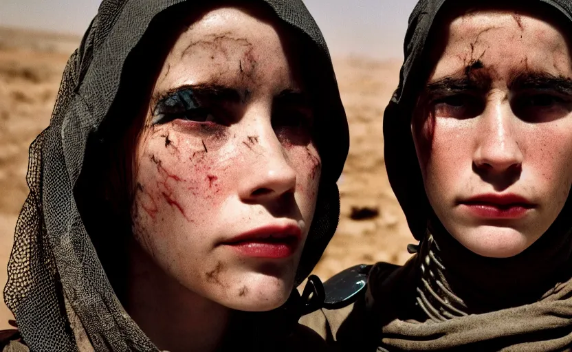 Image similar to cinestill 5 0 d photographic portrait by helen levitt of two loving female androids wearing rugged black mesh techwear on a desolate plain, extreme closeup, modern cyberpunk, dust storm, 8 k, hd, high resolution, 3 5 mm, f / 3 2, ultra realistic faces, ex machina