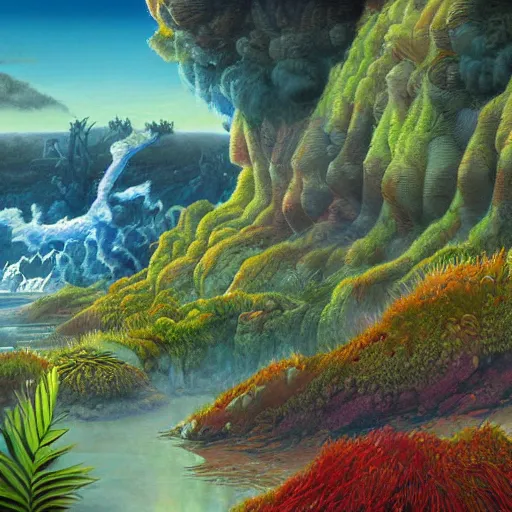 Image similar to digital painting of a lush natural scene on an alien planet by gerald brom. digital render. detailed. beautiful landscape. colourful weird vegetation. cliffs and water.