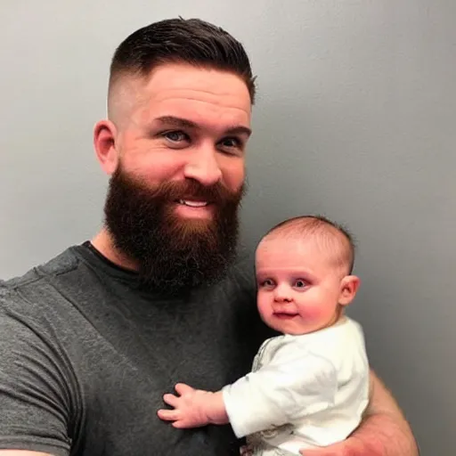 Image similar to a photo of a white man with a mid fade haircut and level 1 clipper beard that is happy with his 3 month year old baby boy.