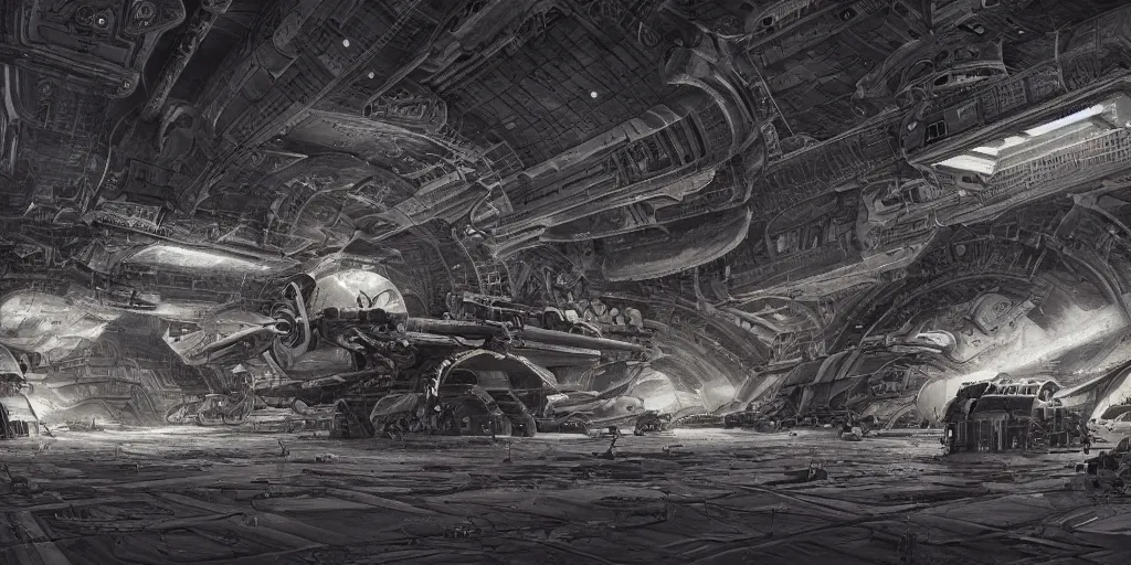 Prompt: an extremely detailed masterpiece epic scene of the inside of a cavernous spaceship cargo bay with various types of parked militarized spacecraft and an opened hanger door space scene in background, in the style of frank kelly freas and lebbeus woods, intricate, elegant, highly detailed, digital painting, artstation, cinematic lighting, extremely moody lighting, glowing light and shadow, 4 k