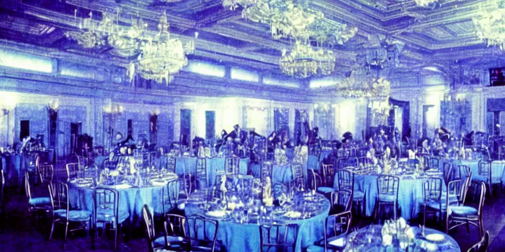 Image similar to a blue glowing phantom hovers inside of a banquet hall ( 1 9 8 4 ).