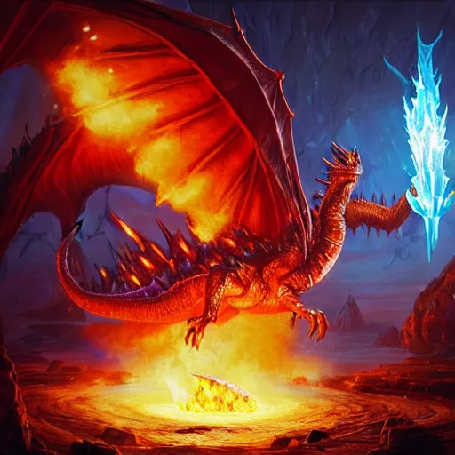 Image similar to A highly detailed, fantasy oil painting by Greg Rutkowski of a sorcerer casting a fireball spell against a huge ancient ice dragon