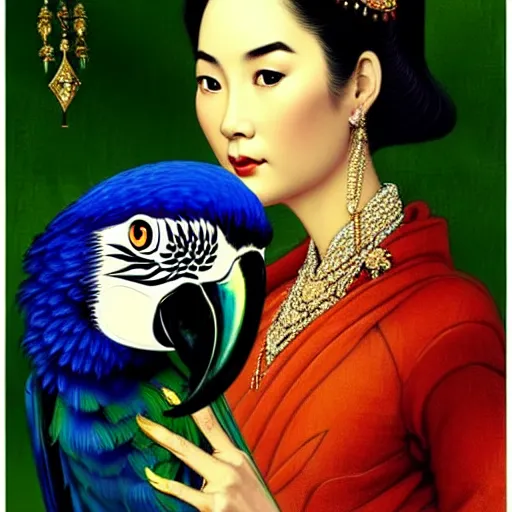 Image similar to close up portrait of the elegantly beautiful, sophisticated, slender rich vietnamese queen and her macaw parrot. intricate eye detail focus, baroque, batik, by norman rockwell, range murata jeremy lipking, trending on pinterest, vivid 8 k, sharp depth of field, pristine global illumination, smooth, 3 d.