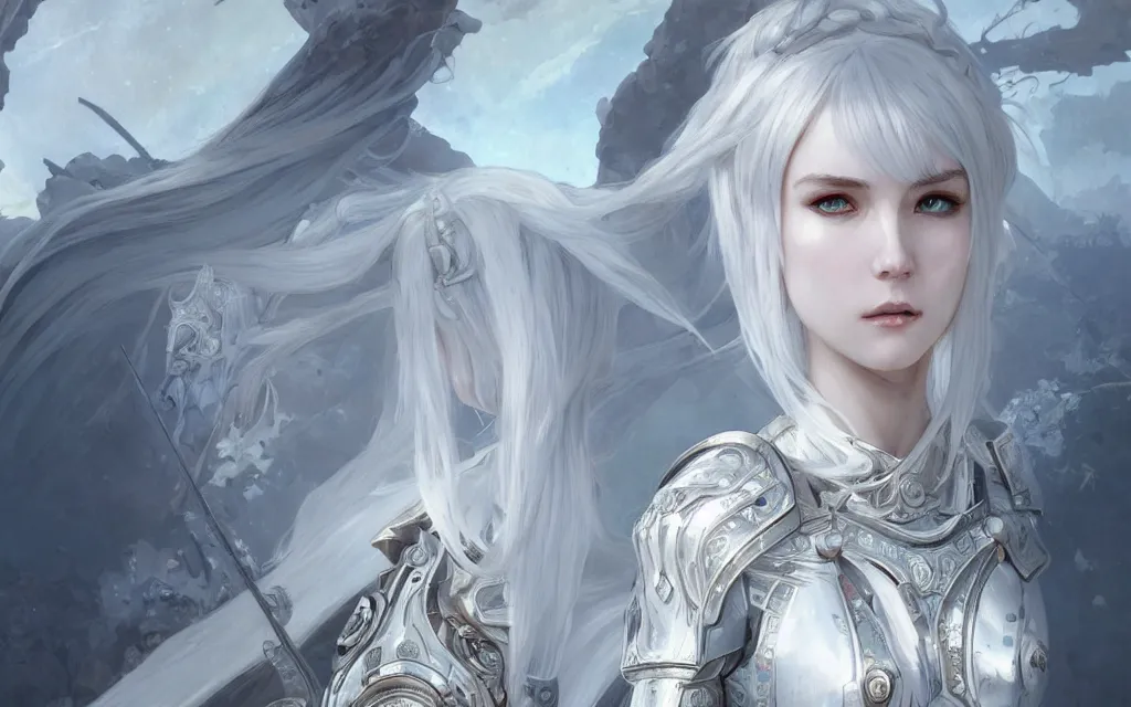 Image similar to portrait white hair knights of zodiac girl, matt white ice color armor, in ruined agora of athens, ssci - fi and fantasy, intricate and very very beautiful and elegant, highly detailed, digital painting, artstation, concept art, frostbite engine, smooth and sharp focus, illustration, art by tian zi and wlop and alphonse mucha