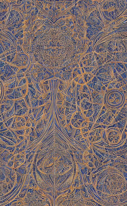 Prompt: intricate geometrical futurists ornamental pattern rapport, beautiful metallic accents, elegant, pattern, full page illustration, oil on canvas, 8k