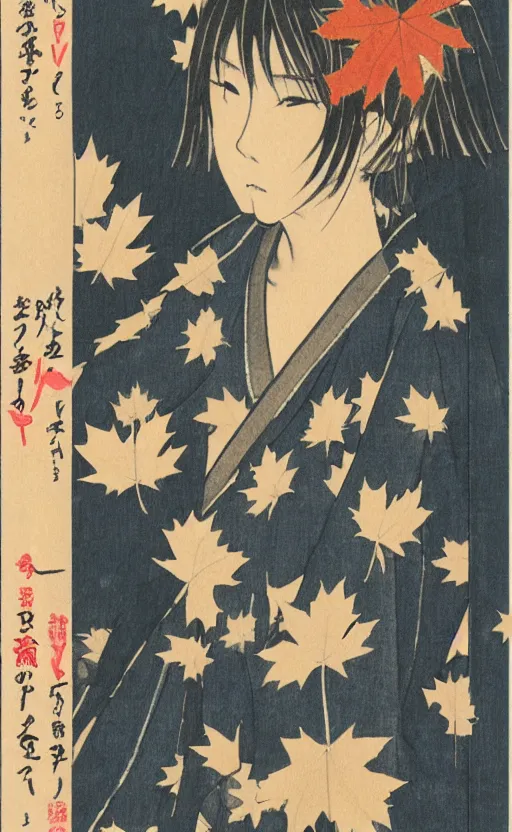 Image similar to by akio watanabe, manga art, a sit girl looking at the falling maple leafs, trading card front, kimono, realistic anatomy