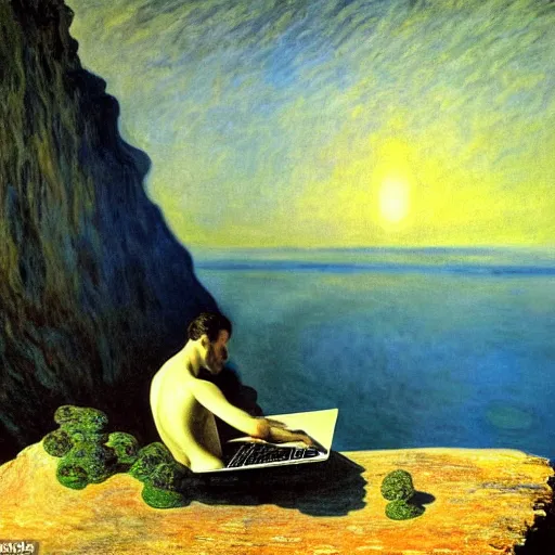 Image similar to A man climbs a cliff while coding A.I. on a laptop - award-winning digital artwork by Dali and Monet. Stunning lighting