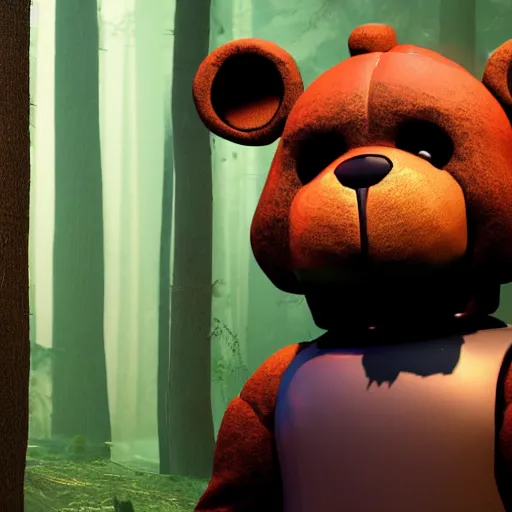 Image similar to A photo of the person in black bear suit, animatronic black Freddy Fazbear with red glowing eyes, 8k, ultra detail, volumetric lighting, unreal engine, octane render, ultra realistic, max quality, epic 35 mm lens shot, photorealism