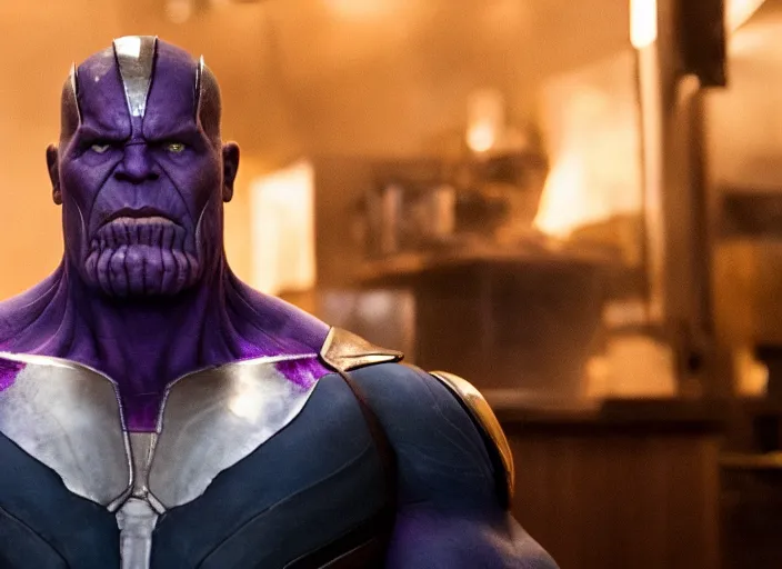 Image similar to film still of Thanos as a barista in Avengers Infinity War, 4k