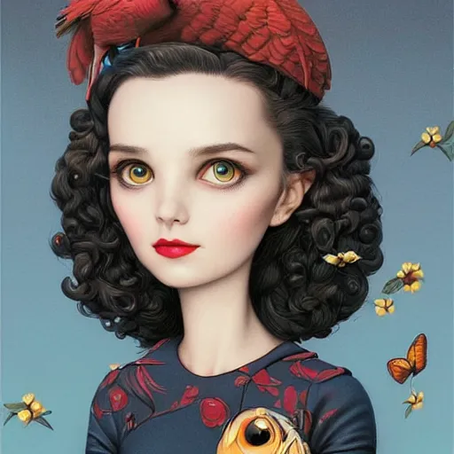 Image similar to Lofi portrait with bird, Pixar style by Joe Fenton and Stanley Artgerm and Tom Bagshaw and Tim Burton