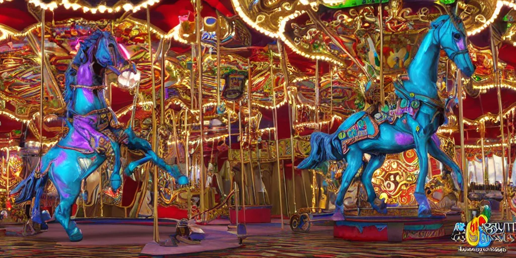 Image similar to a 3d sculpt of a colourful evil circus carousel horse, dark souls