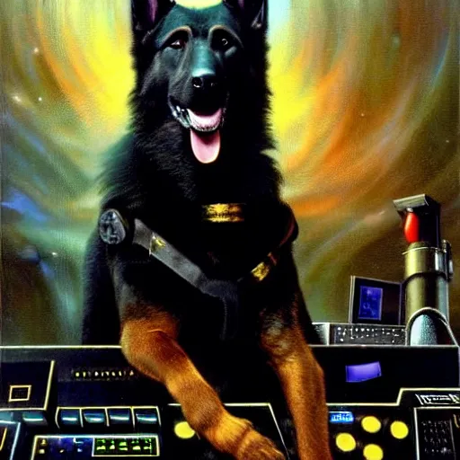 Image similar to a portrait of a man depicted as a black german shepherd dogman canine, star trek the next generation, sitting in front of a console, explosions. highly detailed painting by gaston bussiere, craig mullins, j. c. leyendecker, furry