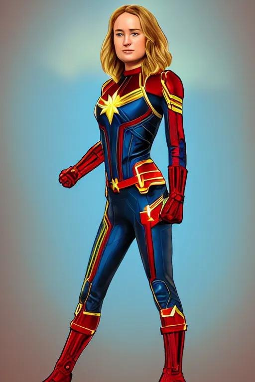 Prompt: full body portrait of a gorgeous petite teenage Brie Larson wearing a Captain Marvel themed micro bikini, hyper realistic, illustration, trending on artstation, HD, 4k, 8k, intricate detailed anatomy, character design, by james gurney