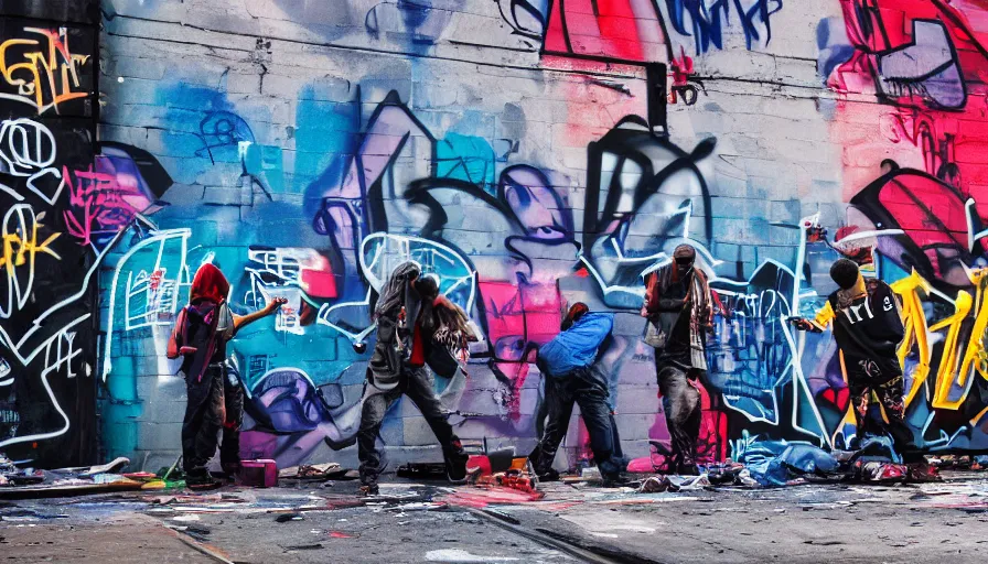 Prompt: urbanpunk - graffiti artists tagging a train in inner city new york, urban youth street clothing, spray cans, friends, graffiti street art, police flashing lights blue an red, spotlight, octane render, unreal 5, 8 k depth of field, highly - detailed, in the style of boondocks