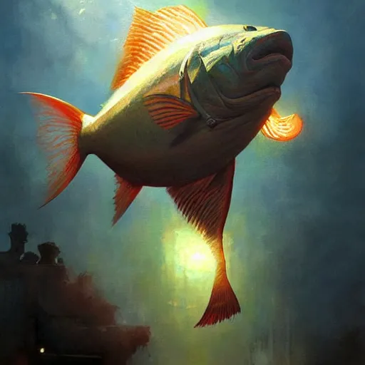 Image similar to a radioactive sheatfish. highly detailed painting by craig mullins, tom bagshaw,