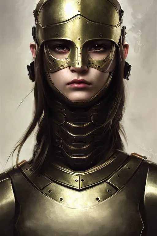 Image similar to a photorealistic painting of an attractive young girl, partially clothed in metal-plated battle armor, olive skin, long dark hair, beautiful bone structure, symmetrical face, perfect eyes, intricate, elegant, digital painting, concept art, illustration, sharp focus, minimal artifacts, from Metal Gear, in the style of Ruan Jia and Mandy Jurgens, by Greg Rutkowski, trending on Artstation, award winning