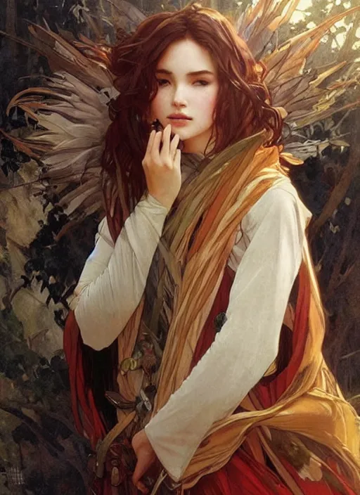 Prompt: a young woman fantasy adventurer with a cloak made of feathers, beautiful painting by artgerm and greg rutkowski and alphonse mucha