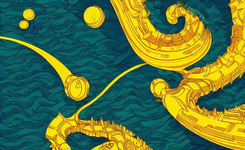 Image similar to dark ocean, complex patterns, yellow, artstation, intricate, realistic, highly detailed, digital painting, concept art, sharp focus, illustration by tom whalen and charles williams and kilian eng and james jean