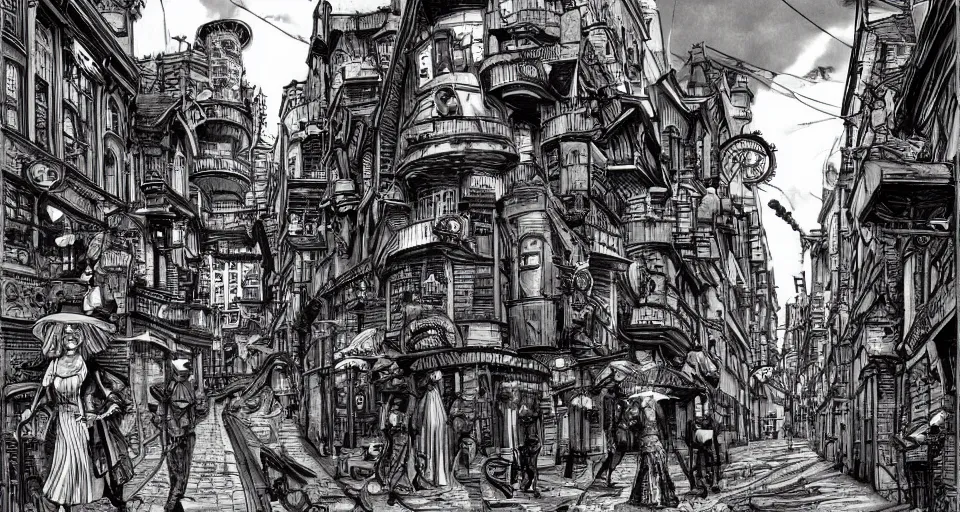 Prompt: steampunk city streets by junji ito, trending on artstation