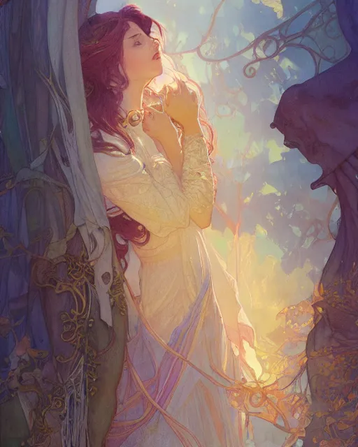 Image similar to secret romance, highly detailed, gold filigree, romantic storybook fantasy, soft cinematic lighting, award, disney concept art watercolor illustration by mandy jurgens and alphonse mucha and alena aenami, pastel color palette, featured on artstation