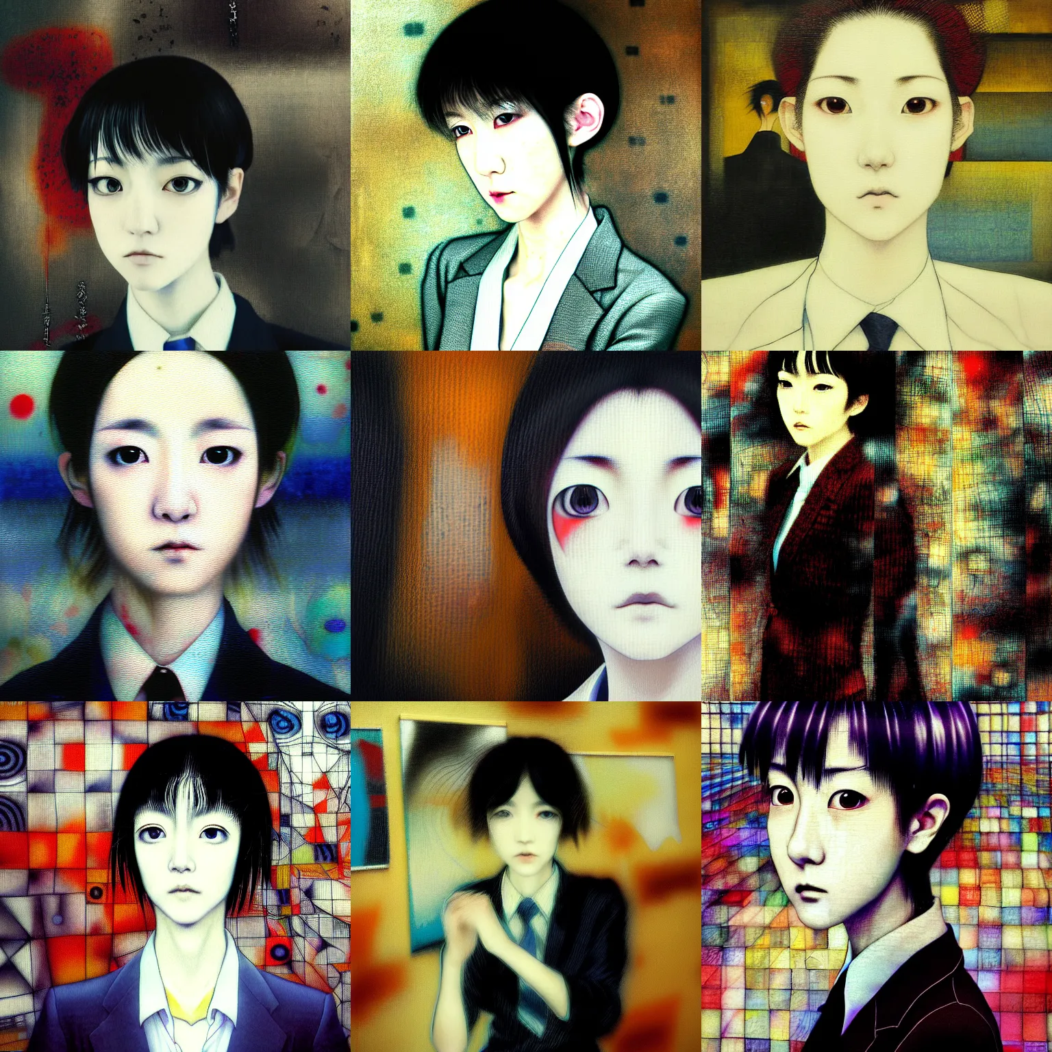 Image similar to yoshitaka amano blurred and dreamy realistic three quarter angle portrait of a young woman with short hair and black eyes wearing office suit with tie, junji ito abstract patterns in the background, satoshi kon anime, noisy film grain effect, highly detailed, renaissance oil painting, weird portrait angle, blurred lost edges