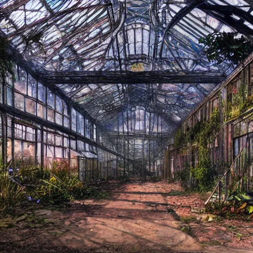 Prompt: concept art of an abandoned greenhouse with subtle psychedelic alterations by john howe and henry ossawa tanner, trending on artstation, hyperrealism, highly detailed, art gallery, museum piece