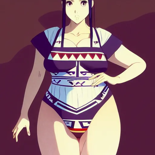 Image similar to a beautiful plus sized model japanese natalie portman, alluring plus sized model, wearing mayan leotard with elegant mayan apron overalls, street fashion hip hop style with mayan patterns, aztec street fashion, gapmoe yandere grimdark, trending on pixiv fanbox, painted by greg rutkowski makoto shinkai takashi takeuchi studio ghibli, akihiko yoshida