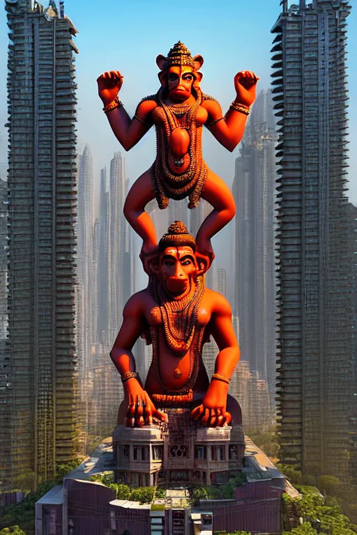 Prompt: high quality 3 d cyberpunk biomorphic hanuman! head building in the middle of mumbai!!, highly detailed, cinematic smooth, stephen shore & john j. park, soft morning light, wide shot, high angle, uhd 8 k, sharp focus