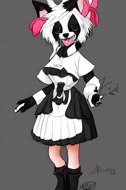 Image similar to a skunk fursona wearing a maid outfit, highly detailed, digital art, trending on artstation, furry art