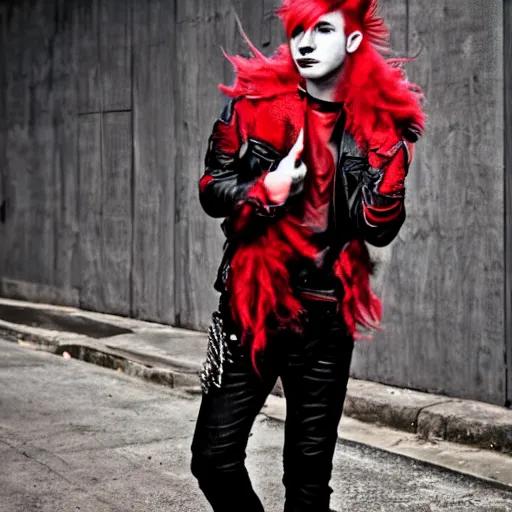 Image similar to young man with a red dyed mohawk, dressed in punk clothing, punk style, crustpunk, portrait photo, attractive, handsome