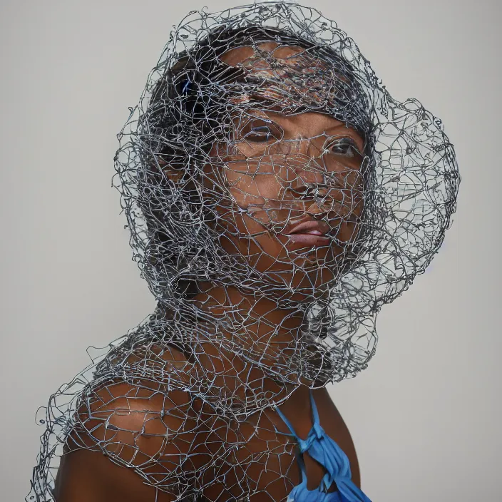 Image similar to a closeup portrait of a woman wearing a hood made of wire and plastic, in a laundry mat, color photograph, by kehinde wiley, canon eos c 3 0 0, ƒ 1. 8, 3 5 mm, 8 k, medium - format print